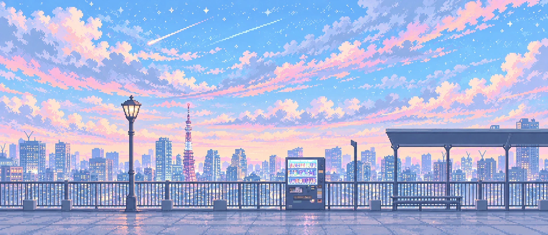 A pale pastel pixel-art rooftop with a vending machine, street lamp and distant city tower.
