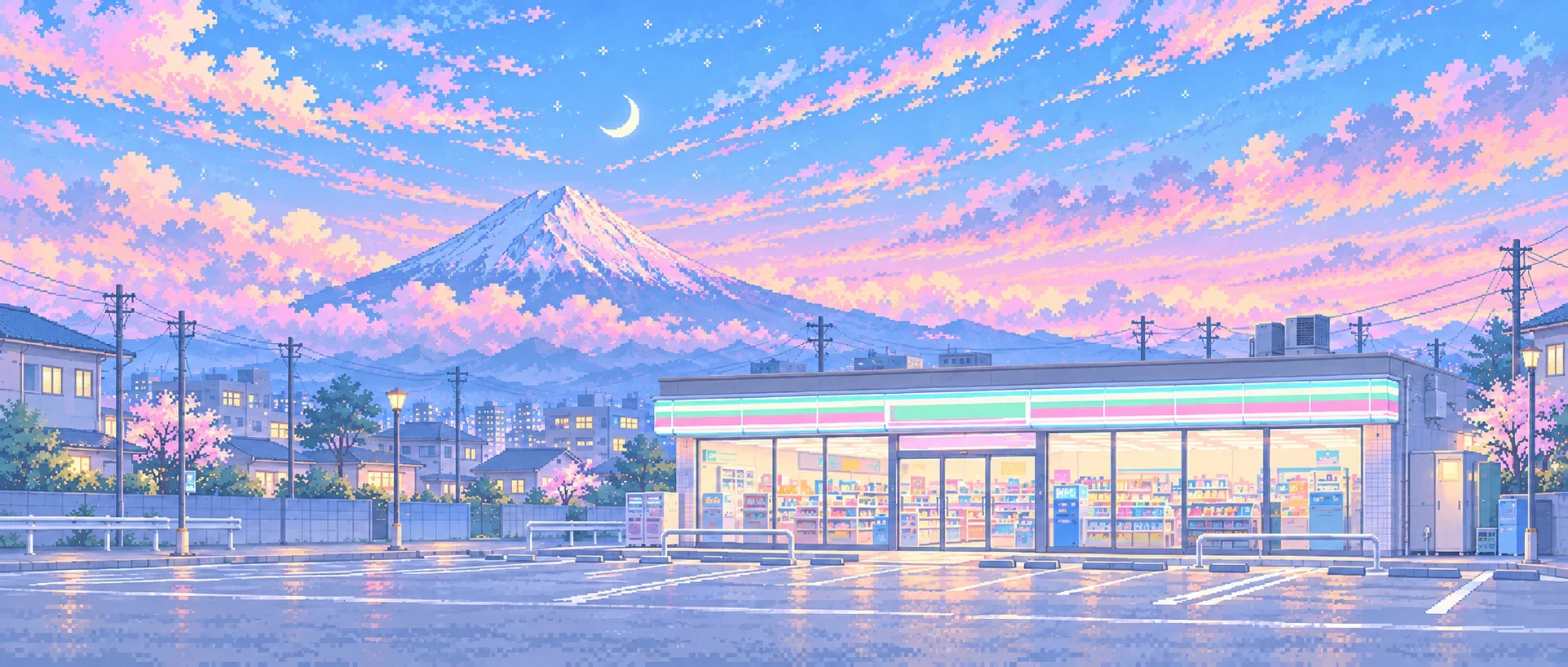 A pale pastel pixel-art convenience store below a snow-capped mountain and crescent moon.