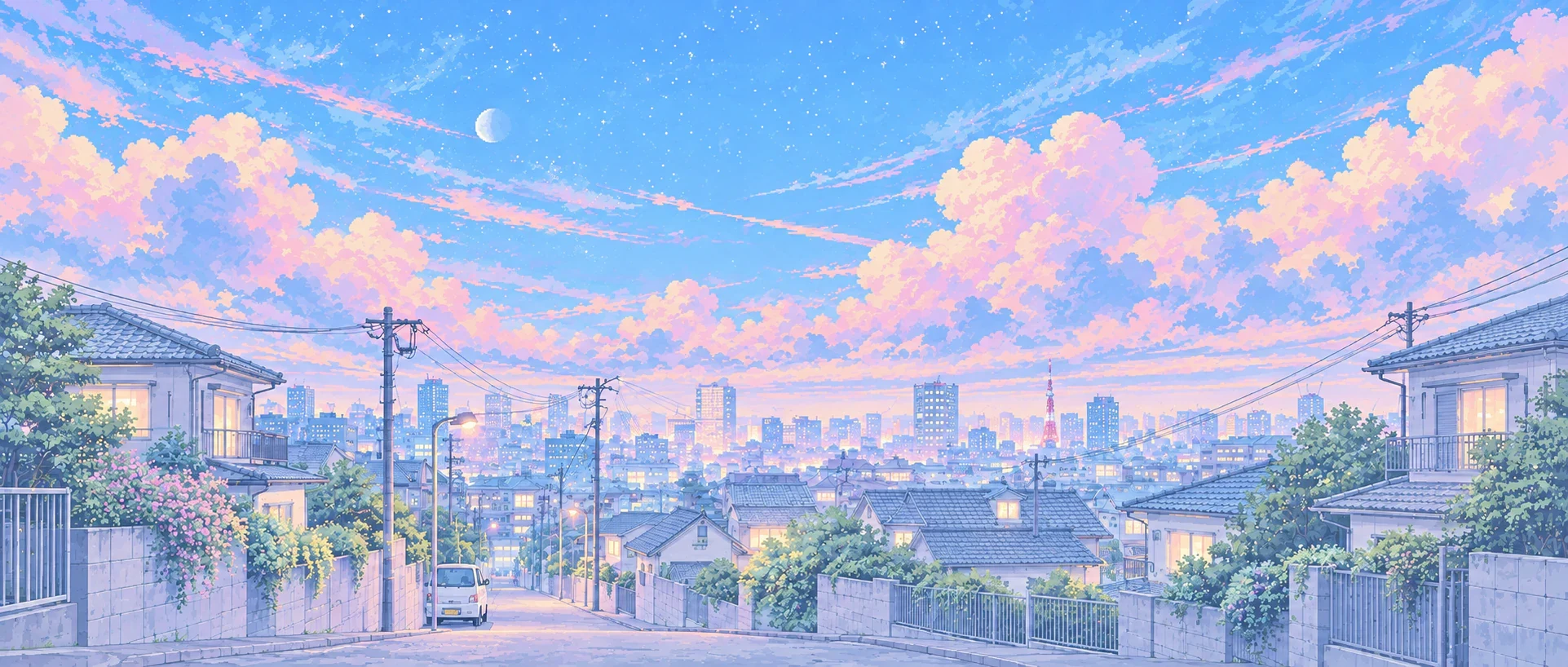 A pale pastel pixel-art residential lane, soft pink clouds and a distant city beneath the moon.
